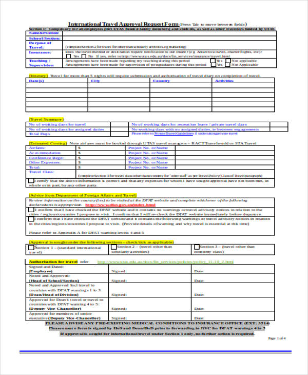 international travel approval request form