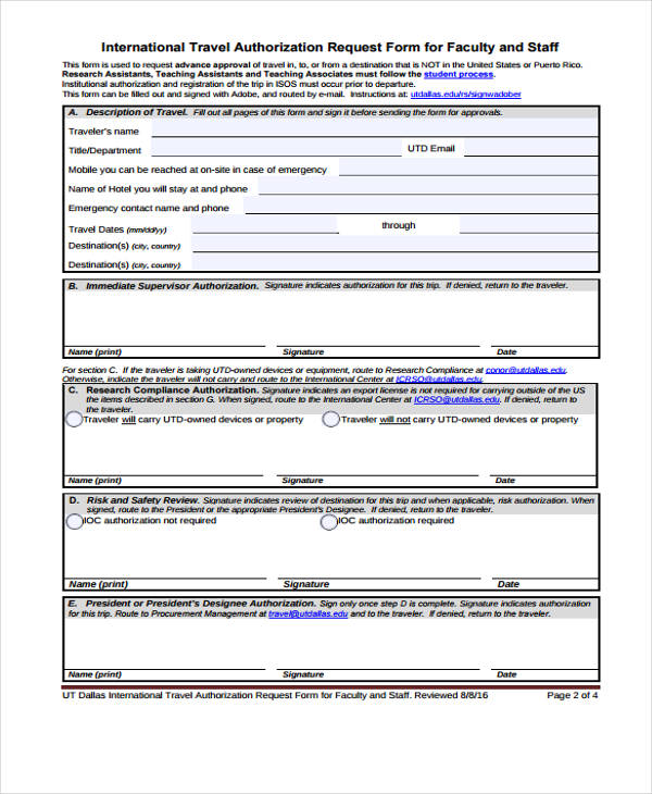 international travel authorisation request form