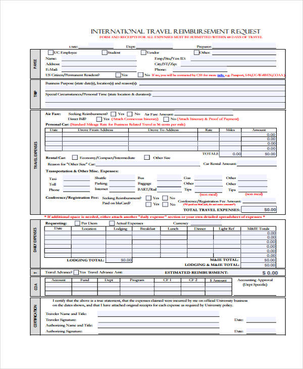 international travel reimbursement request form