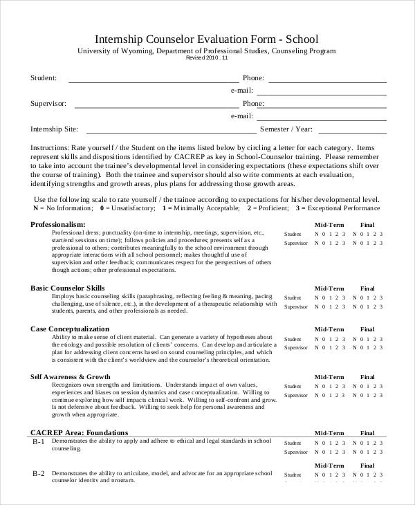 internship counselor evaluation form