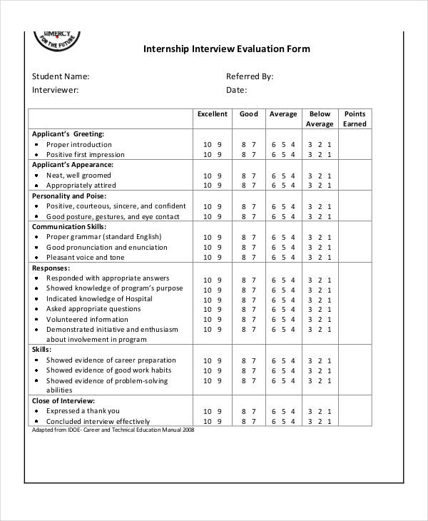 internship interview evaluation form