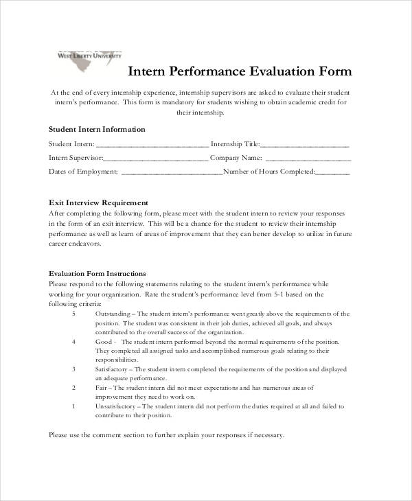 internship student performance evaluation form