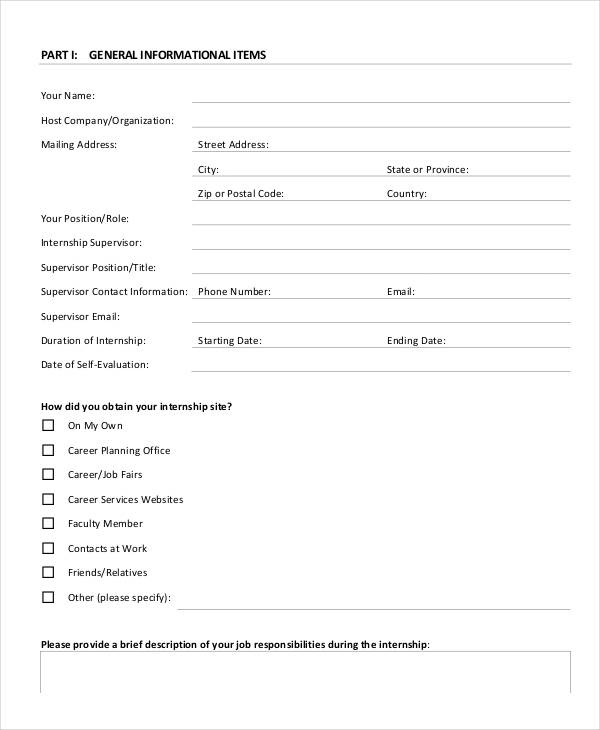 internship student self evaluation form