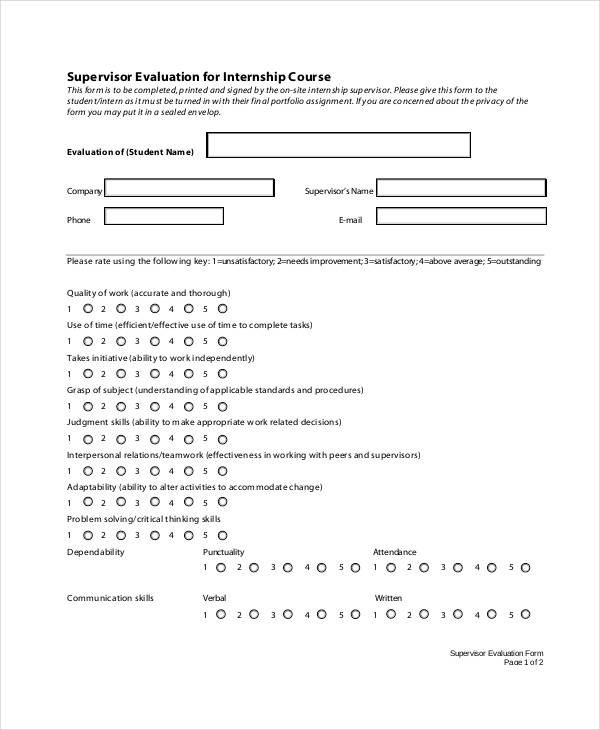 internship supervisor student evaluation form