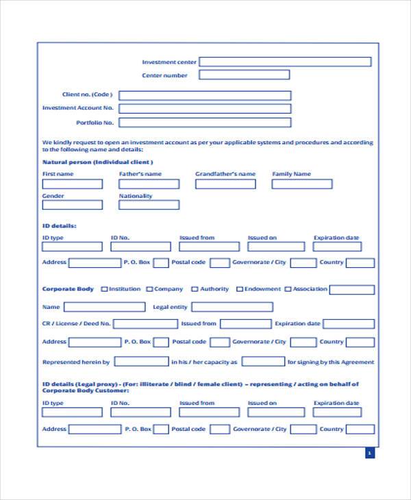investment account agreement form sample