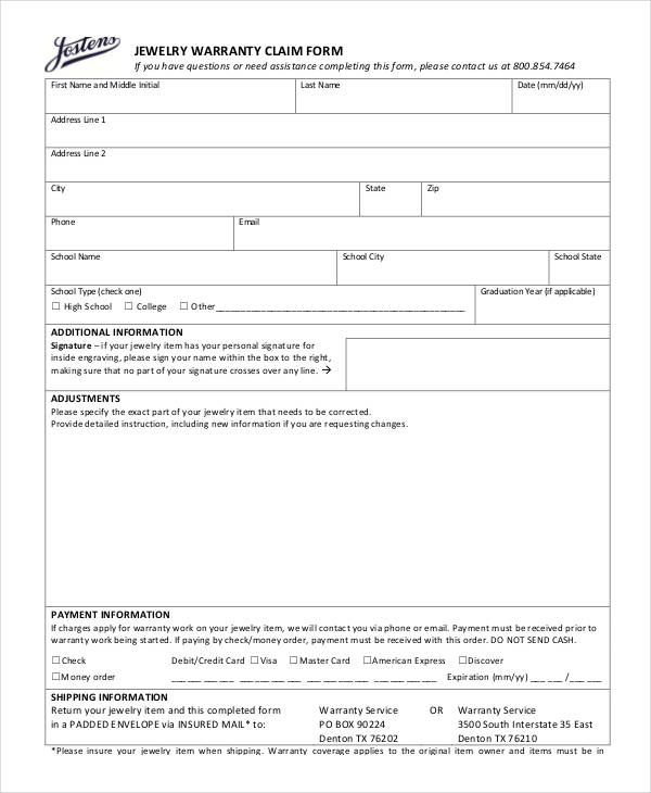 jewelry warranty claim form