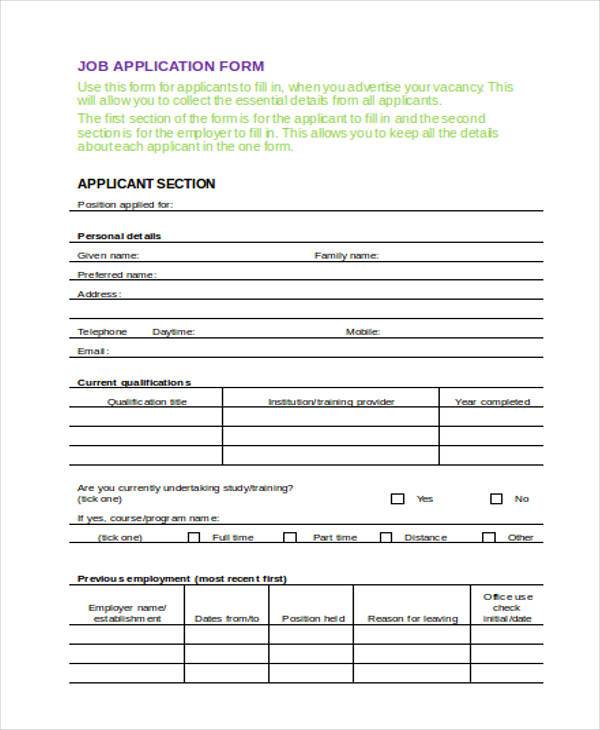 job application for employment form