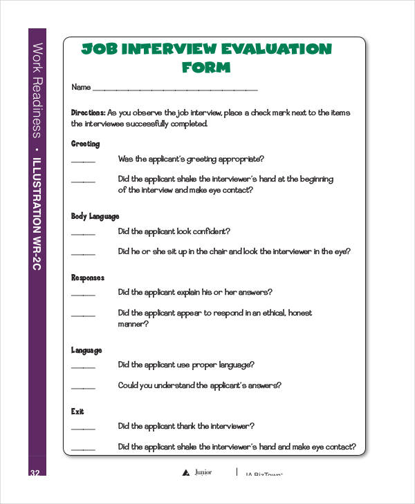 job interview evaluation form example