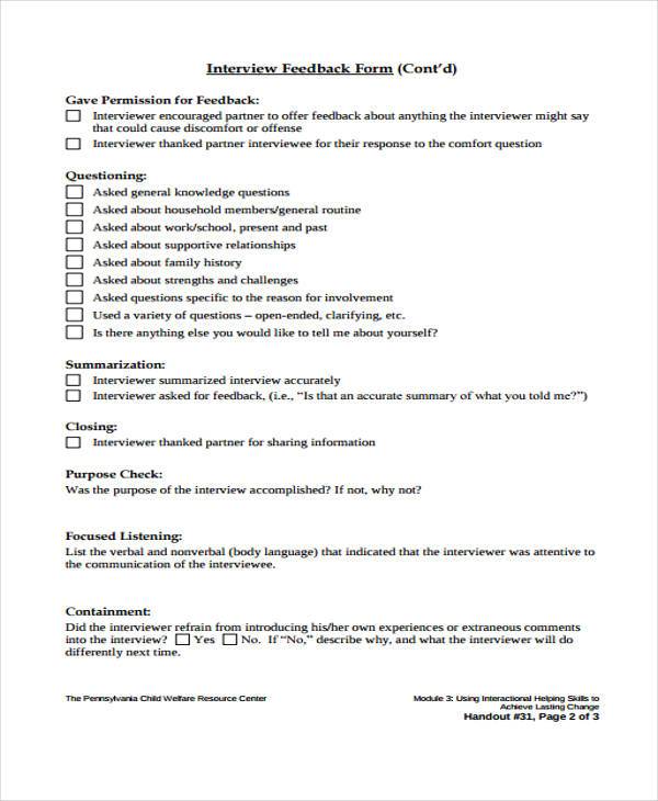 job interview feedback form template