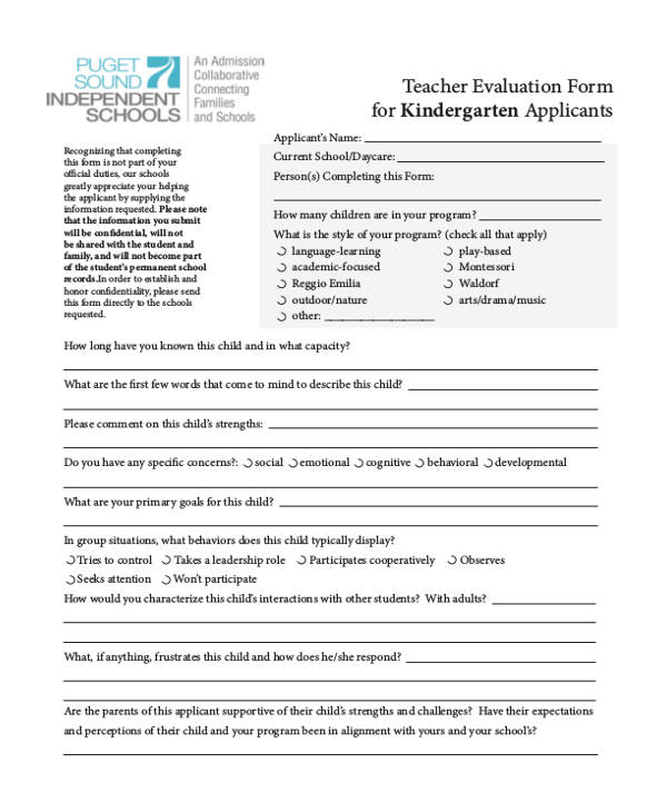 kindergarten teacher self evaluation form