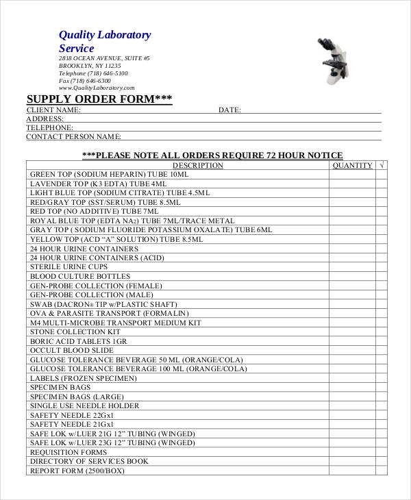 laboratory service supply order form