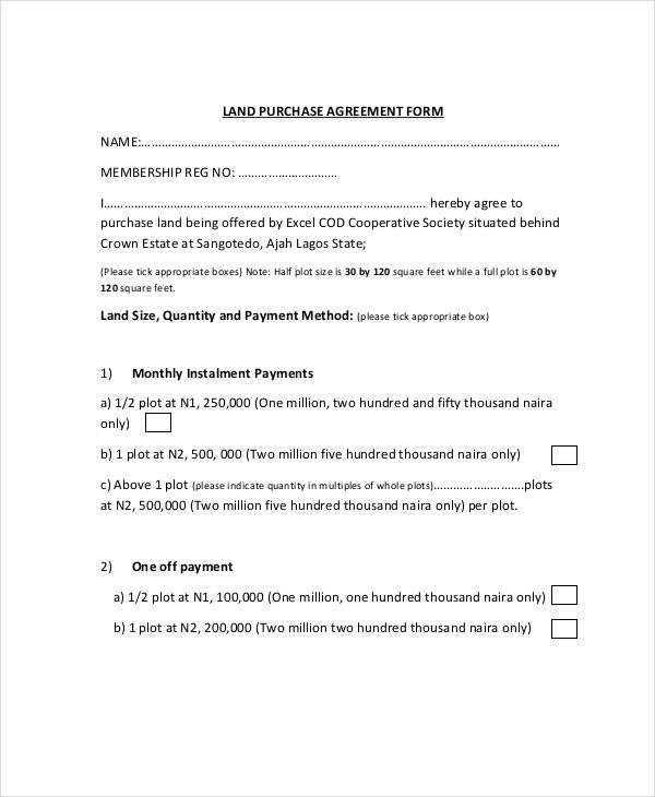 land purchase agreement form sample
