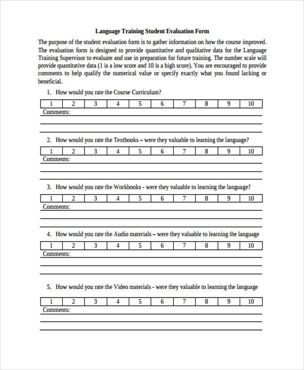 language training student evaluation form