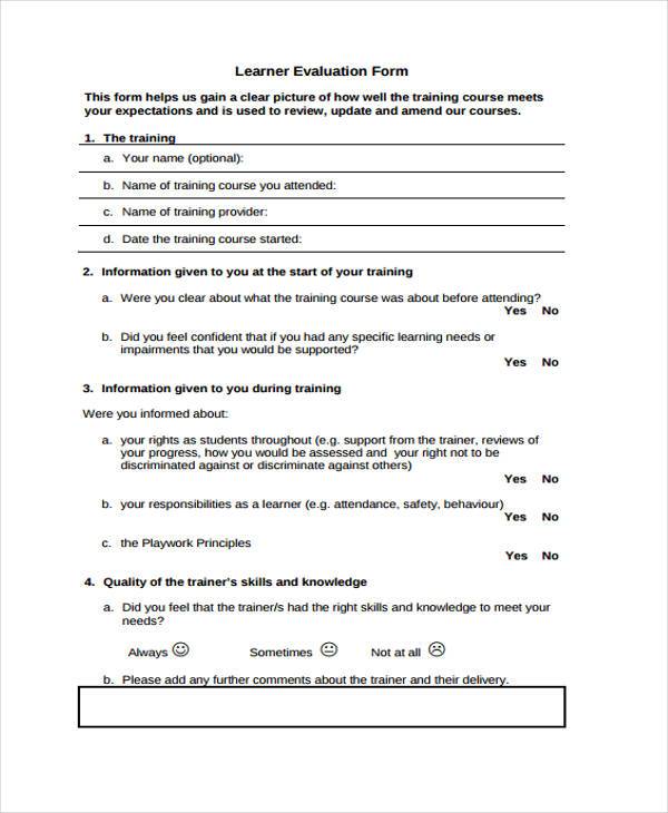 learners evaluation form