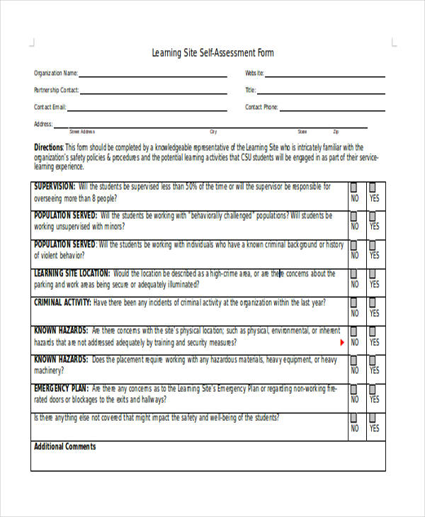 learning site self assessment form