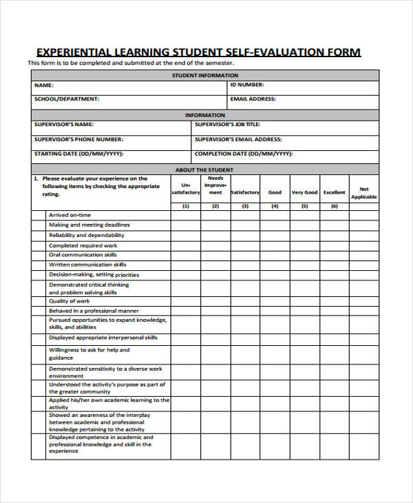 learning student self evaluation form