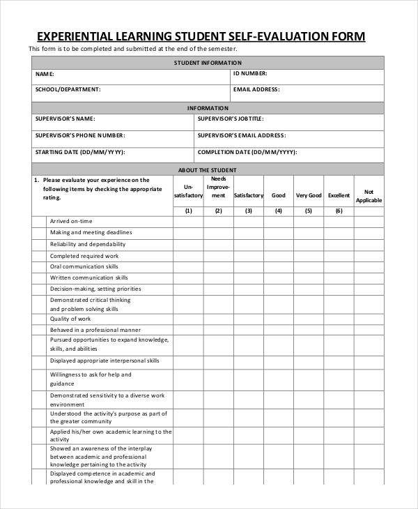 Student Self Evaluation Form Elementary Printable Printable Forms 