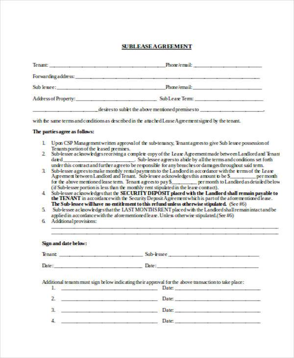 lease sublet agreement form
