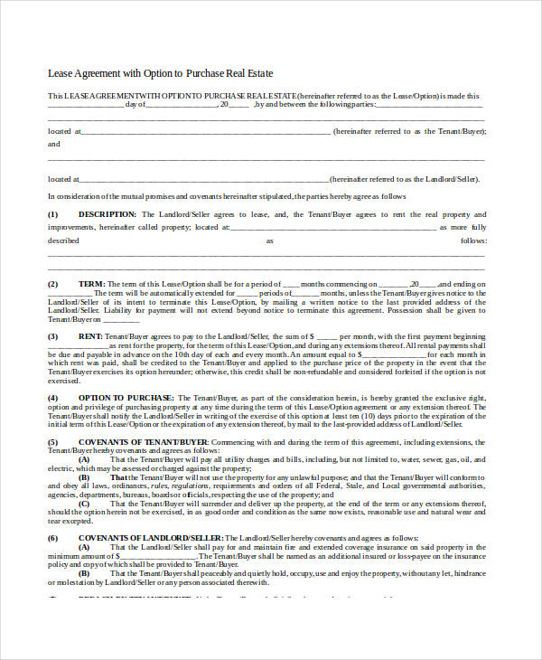 lease agreement with option to purchase real estate
