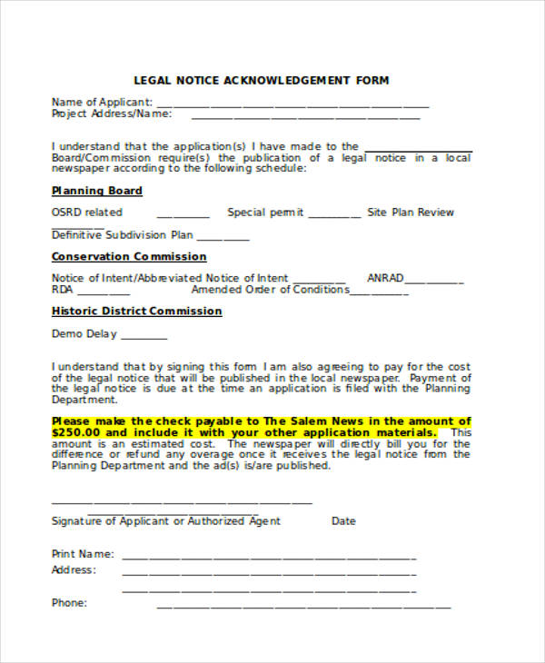 legal notice acknowledgement form