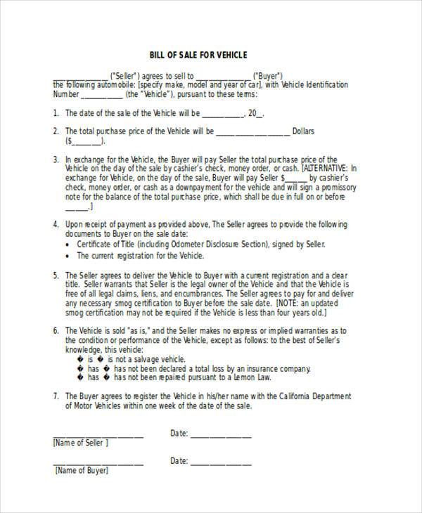 legal vehicle bill of sale form