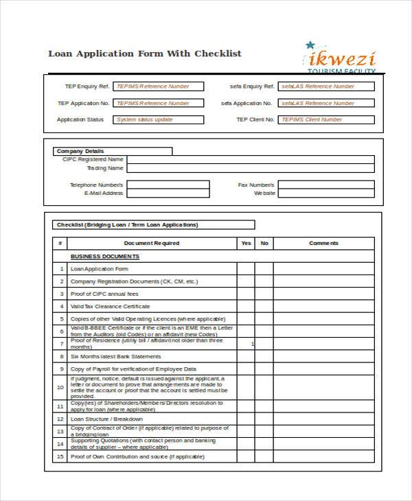 loan application form with checklist