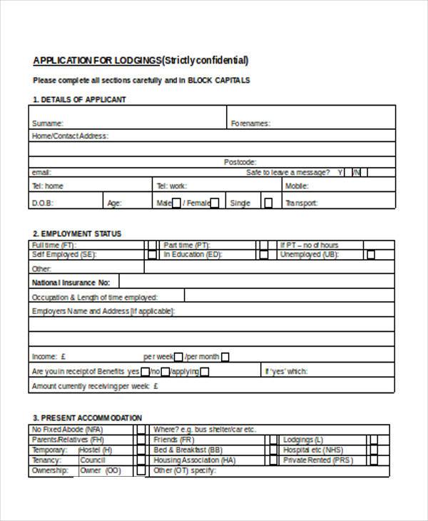lodgings application form