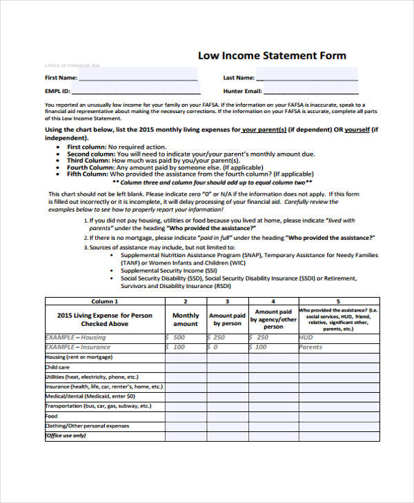 low income statement form sample