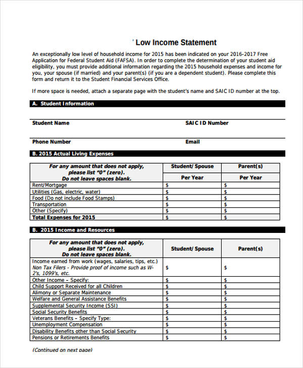 low income statement form