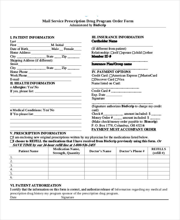 mail service drug program order form