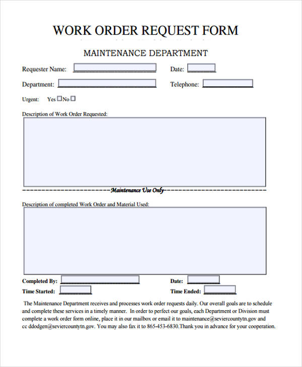 maintenance department work order form