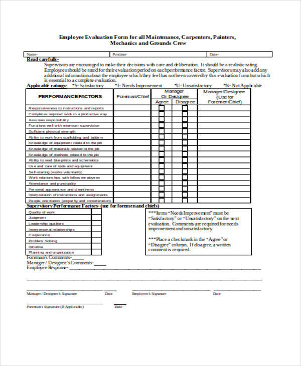maintenance employee evaluation form