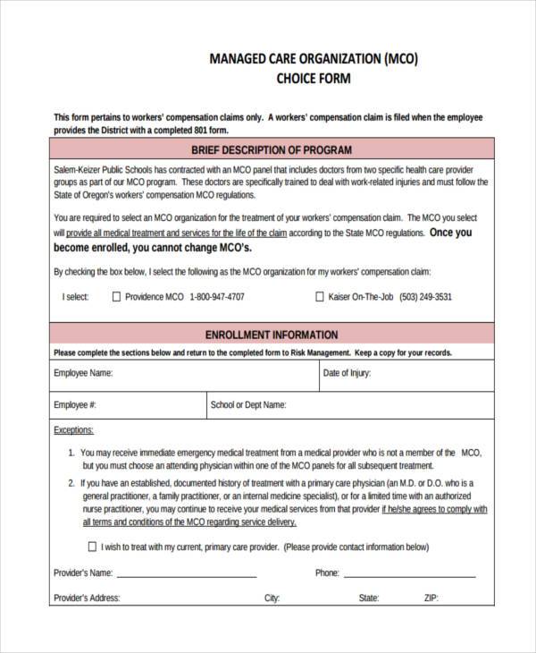 managed care organisation choice form