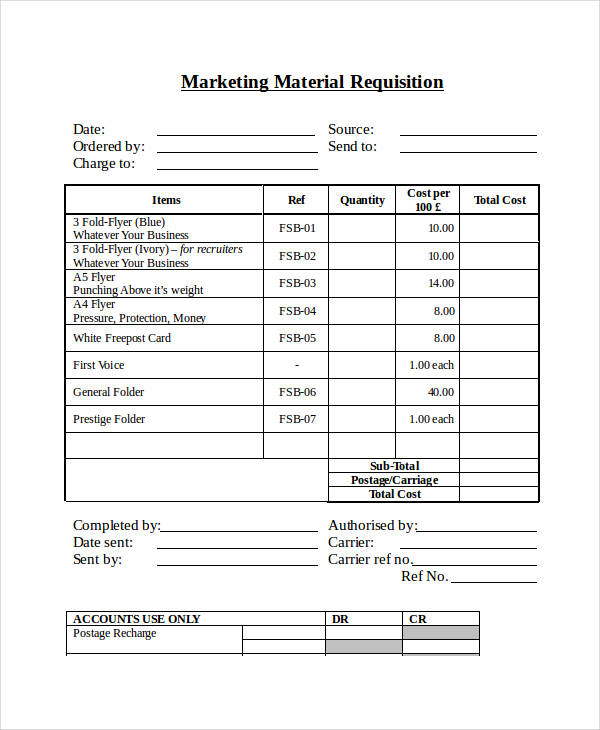 marketing material requisition form