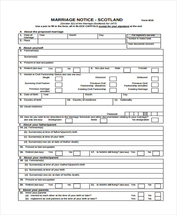marriage notice registration form