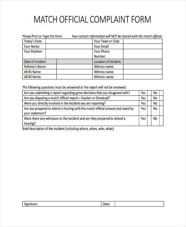 match official complaint form