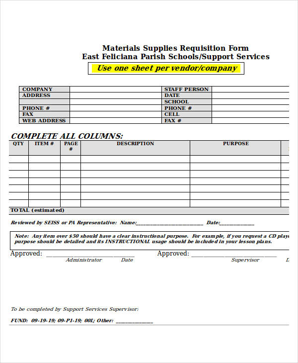 material supplies requisition form