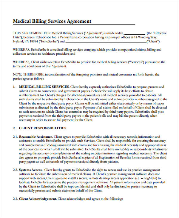 medical billing service agreement form