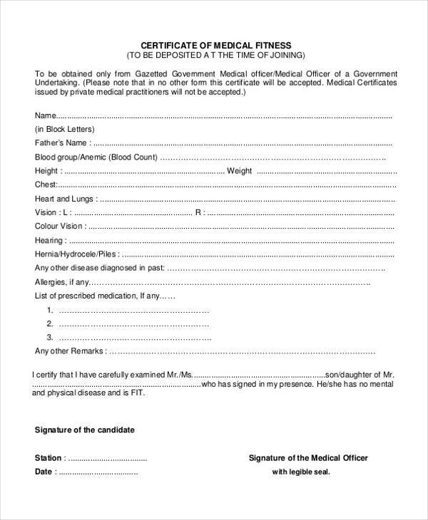 medical certificate fitness form
