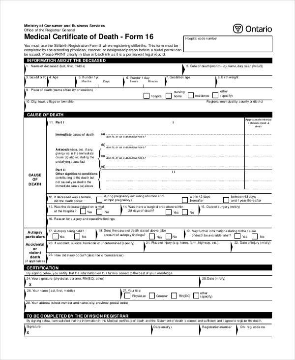 medical certificate of death form