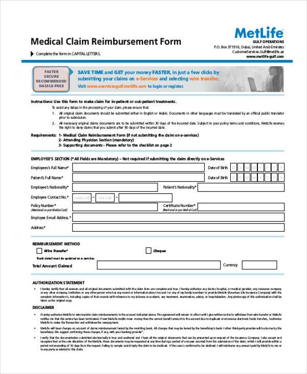 medical claim for reimbursement form