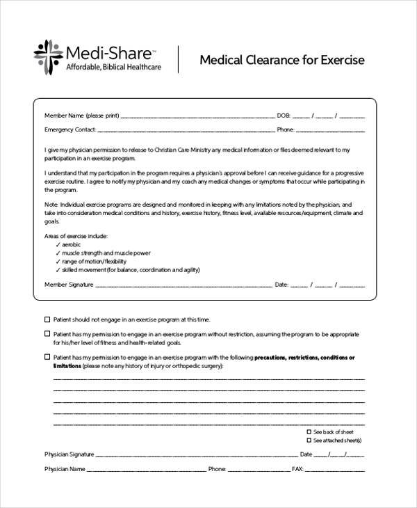 medical clearance form for exercise