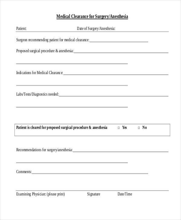 medical clearance form for surgery