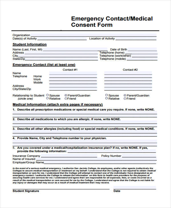 medical consent emergency contact form