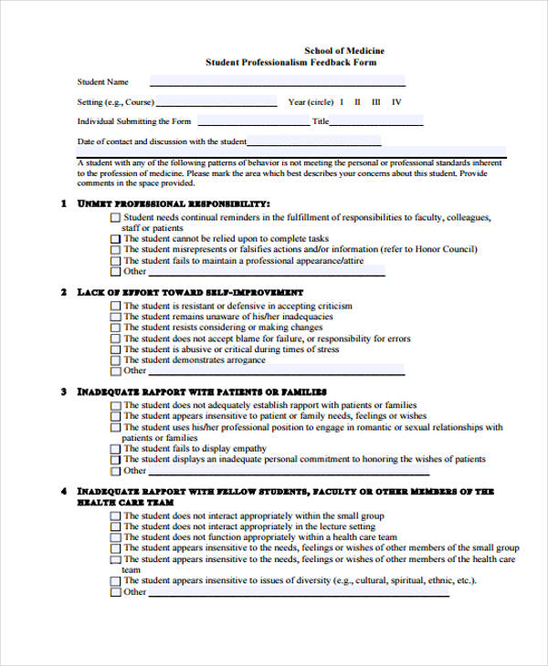 medical equipment student feedback form