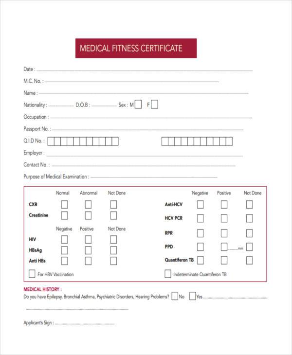 medical fitness certificate form