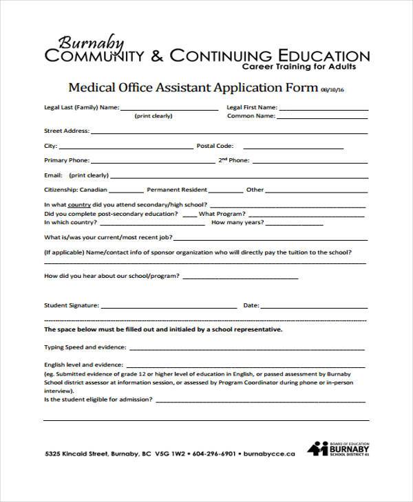 medical office assistant application form