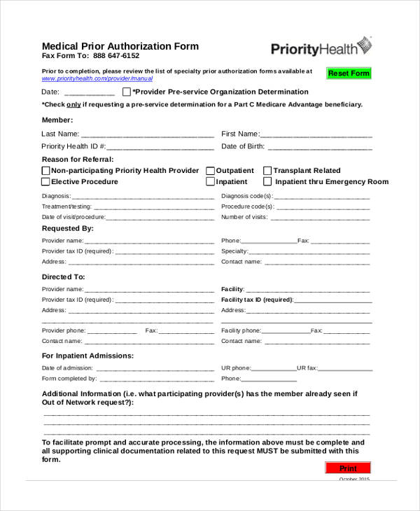 Insurance Prior Authorization Form Template