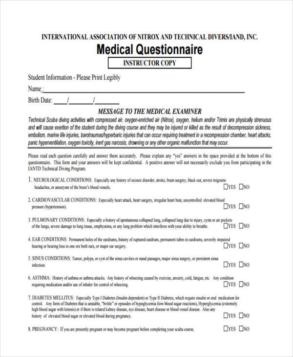 medical questionnaire form sample
