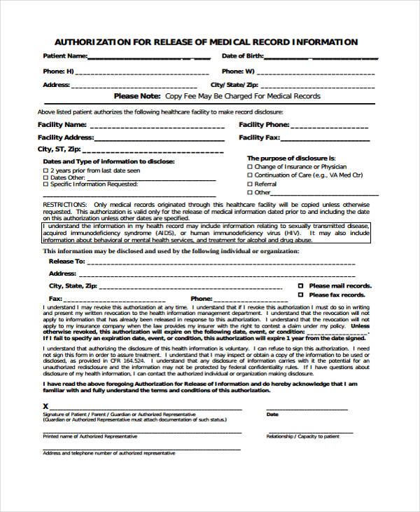 medical records authorisation release form